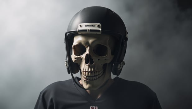 A chilling image featuring a skullhelmet fusion with a ghoulish face behind a cracked visor showcasing visible bones in the eerie fog photo