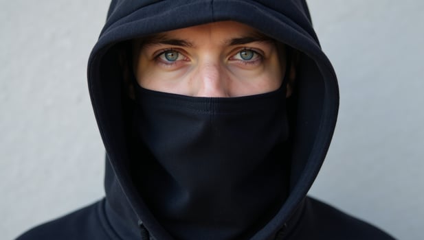 Masked man in dark hoodie with piercing blue gaze photo