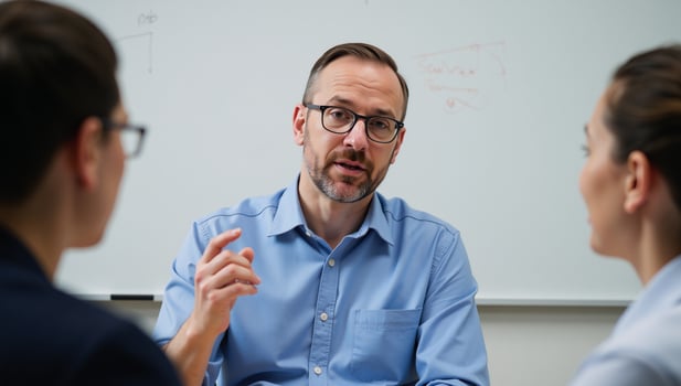 A bearded man at a desk discusses ideas with two others while standing before a whiteboard photo