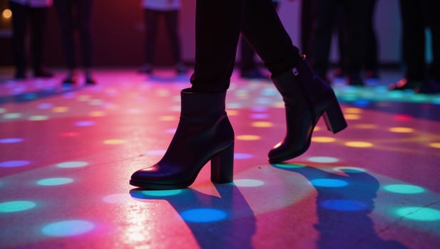 Illustrated scene featuring a lively dancefloor under vibrant lights showcasing a dancer in black boots photo