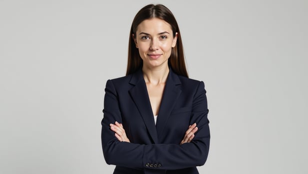 Businesswoman portrait featuring an isolated shot with crossed arms against a white backdrop photo