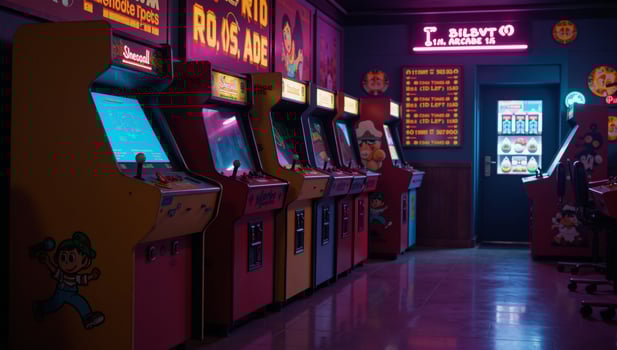 Nostalgic Arcade Room Illustration Retro Gaming Cabinets Neon Lights photo