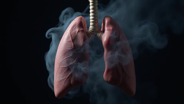 Artistic depiction of polluted lungs engulfed in smoke representing negative effects of tobacco use on lung health photo