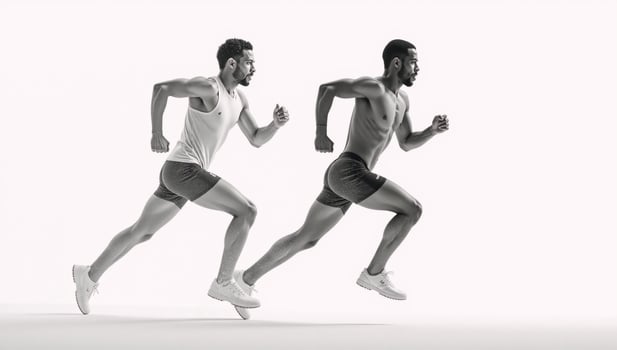 Digital halftonestyle image depicts an African American Olympian runner in action against a pure white backdrop symbolizing the Olympics photo