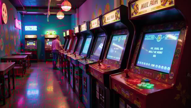 Nostalgic arcade room illustrated with retro gaming cabinets neonlit floors pixelated game character murals photo