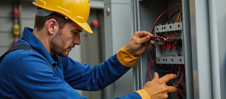 Electrical professional repairs wiring within a control cabinet photo