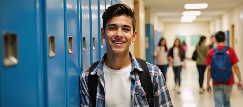 Teenager in school setting at lockers photo