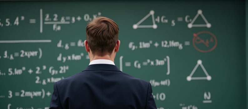 A businessman ponders amidst a wall of queries on a chalkboard photo
