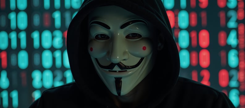 Digital art depicting a hacker wearing the Anonymous mask and hoodie amidst dark binary code backdrop photo