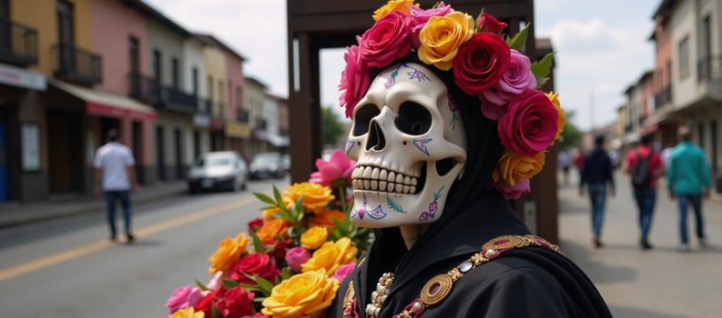 A calavera Grim Reaper adorned with floral decorations on an altar amid a lively Mexican city street photo