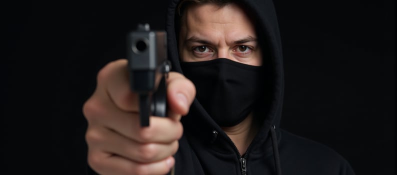 Attacker brandishing weapon gun targets individual donning black mask and hoodie in threatening scenario photo