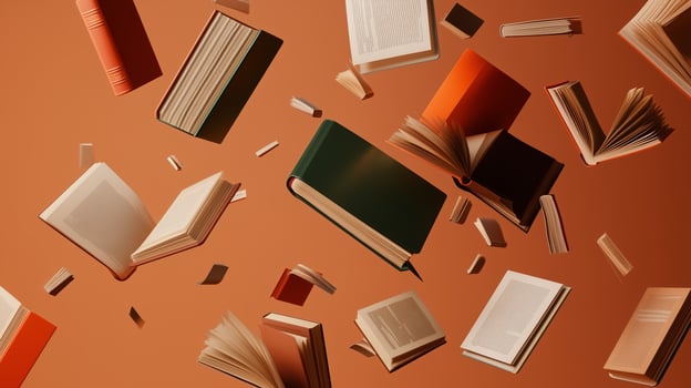 Floating books in mid-air against a warm orange background create a whimsical and imaginative literary atmosphere photo