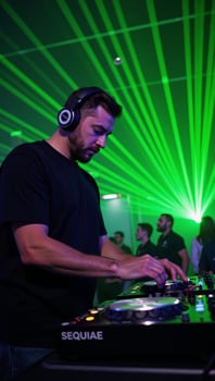Illustration DJ playing music at a nightclub bathed in laser light show photo
