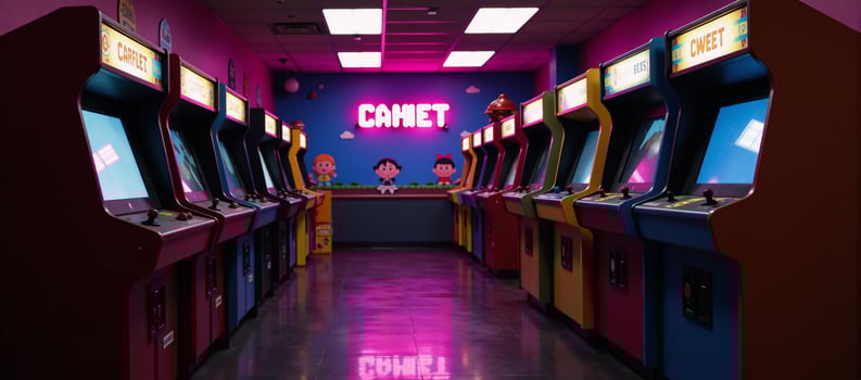 Nostalgic Arcade Room Illustration Retro Gaming Cabinets Neon Lights photo