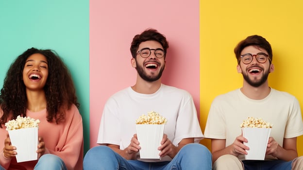 Friends laughing together while enjoying popcorn in a colorful setting during a casual gathering photo