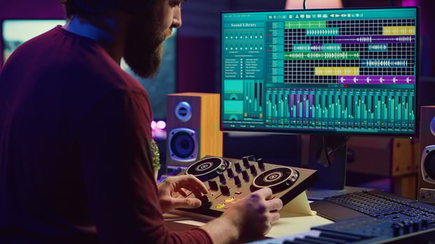 Audio engineer creating sound effects for a new soundtrack, recording tunes on electronic piano and adding creativity to audio project. Songwriter producer editing and mixing recordings. Camera A. photo