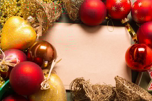 Greeting card mock up with christmas ornaments photo