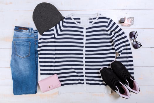 Overhead view of woman's casual outfits photo