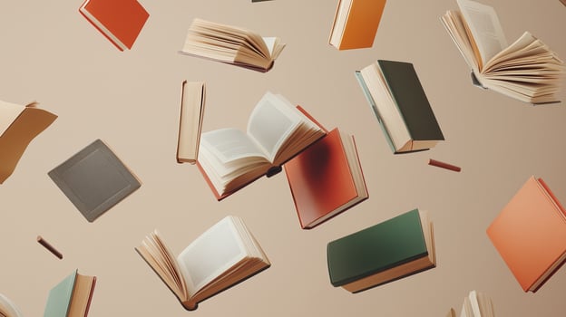 Books in various colors and sizes floating in mid-air against a neutral background, creating a whimsical and imaginative atmosphere photo
