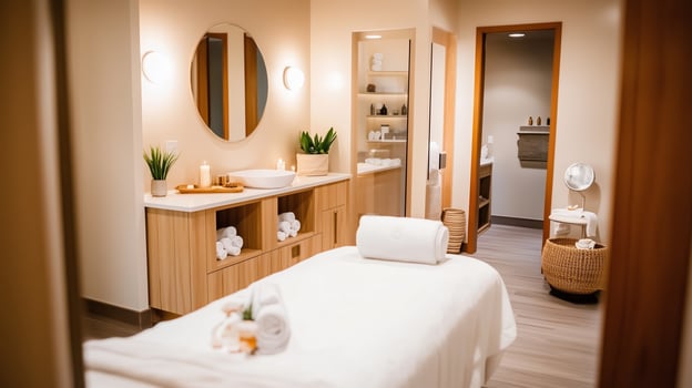 Relaxing wellness retreat with a tranquil spa room featuring soft lighting and calming decor in a serene atmosphere photo