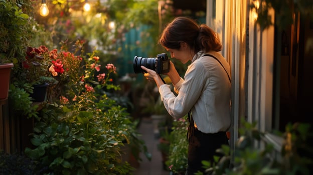 A woman captures the beauty of blooming flowers in a vibrant garden during a warm evening photo