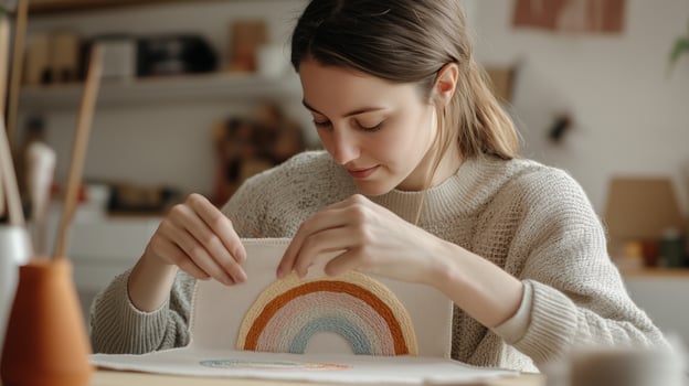 A young woman crafts a colorful rainbow artwork at a cozy desk in her bright, inviting home studio during daylight hours photo