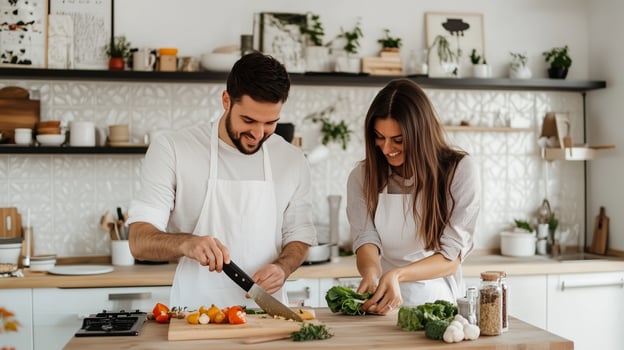 Couple preparing a healthy meal together in a bright kitchen filled with plants and cooking utensils during a sunny afternoon photo