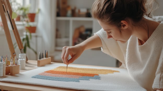 A woman creating a colorful art piece with a needle and yarn in a cozy indoor studio filled with plants and natural light photo