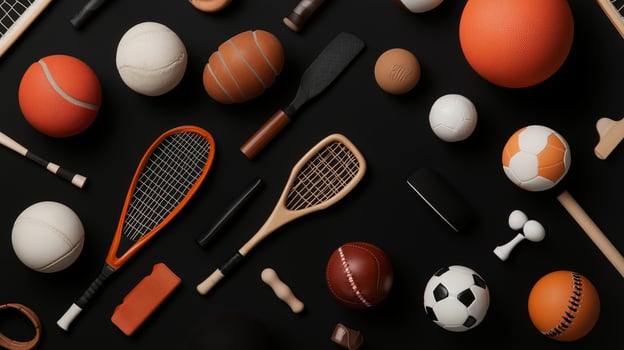 A collection of various sports equipment arranged on a black surface featuring balls, bats, and rackets in different shapes and sizes photo