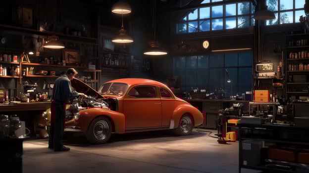 A mechanic working on a vintage orange car in a well-equipped garage during twilight hours photo