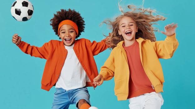 Two cheerful children playing soccer indoors, wearing vibrant jackets and having fun, with a bright blue background photo