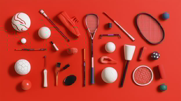 A vibrant arrangement of various sports equipment set against a red background showcasing diversity in athletic activities photo