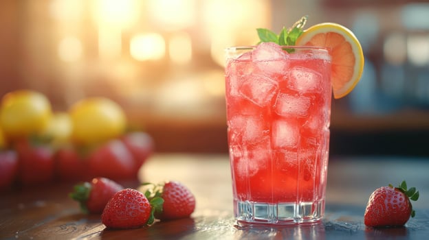 A refreshing glass of strawberry-flavored lemonade garnished with fresh strawberries and a wedge of photo