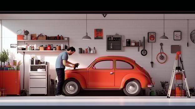 A man polishing a vintage orange car in a well-organized garage filled with tools and plants during the afternoon photo