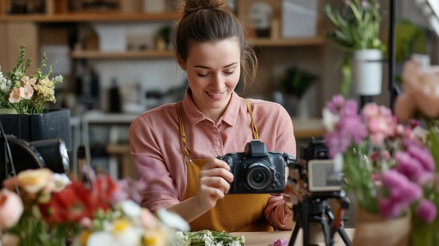 A young woman photographing fresh flowers in a bright floral shop during the day, showcasing her love for nature and photography photo