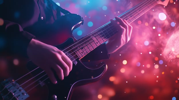 A guitarist performs passionately on stage with vibrant lights and colorful bokeh effects during a live music event at night photo