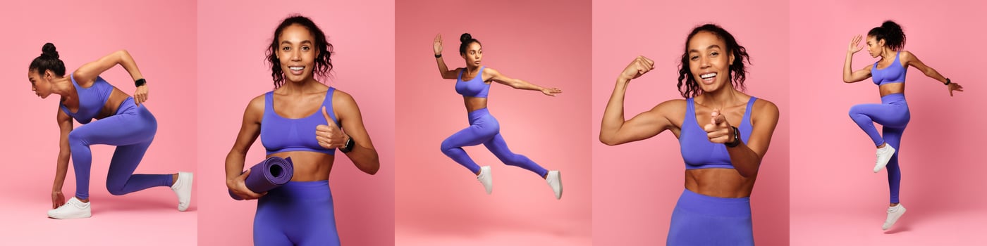 A fit black woman engages in dynamic workouts, showcasing running, jumping, and stretching poses in vibrant athletic wear. The bright pink background adds energy to her fitness routine. photo