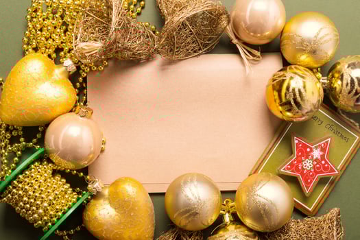 Greeting card mock up with christmas ornaments photo