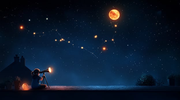 Child observing stars and the moon through a telescope on a clear night from a rooftop in a quiet neighborhood photo