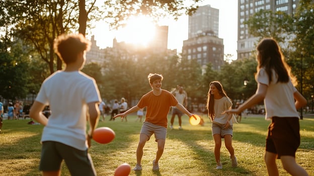 Kids playing frisbee and ball in a sunny city park during late afternoon summer photo