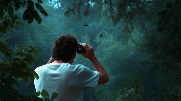 A man observing and photographing vibrant butterflies in a lush forest during early morning light photo