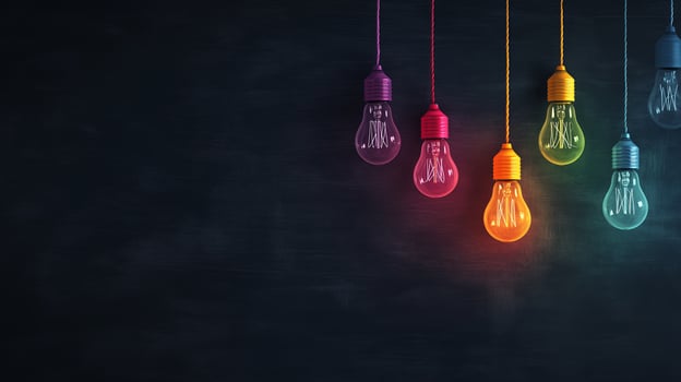 A vibrant display of colorful hanging light bulbs against a dark background creating a modern aesthetic in indoor decor photo
