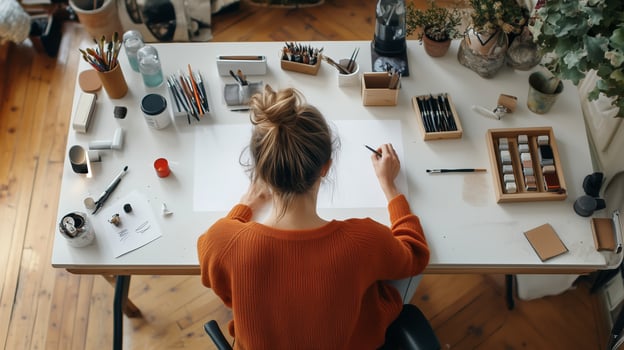 Creative artist at work in bright studio space surrounded by art supplies and greenery during a productive afternoon photo