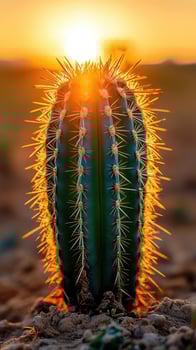 Lone cactus standing strong in the desert sunset photo