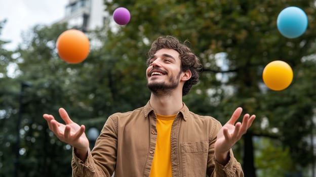A young man joyfully juggling colorful balls in a park surrounded by lush greenery during a sunny day photo
