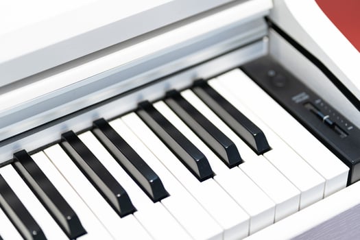 Black and white keys on a white electronic piano. Piano keys closeup. Classic piano keyboard. photo