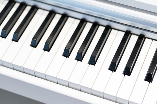 Black and white keys on a white electronic piano. Piano keys closeup. Classic piano keyboard. photo