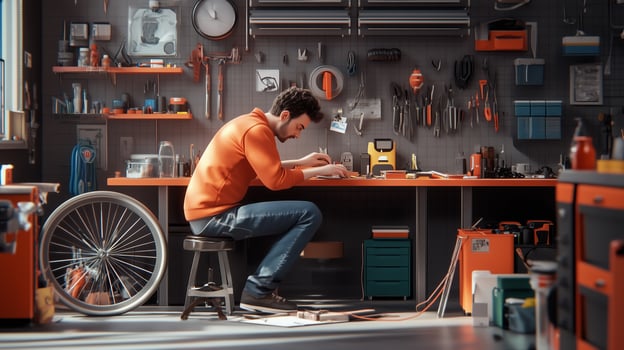 A man works diligently at a cluttered workshop desk, focusing on repairing bicycle parts in a well-organized space during daylight hours photo