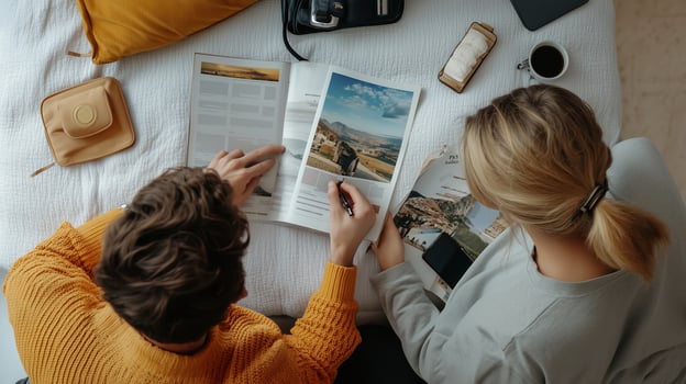 A couple planning their travel itinerary together over a cozy bed with coffee, magazines, and a smartphone on a sunny morning photo