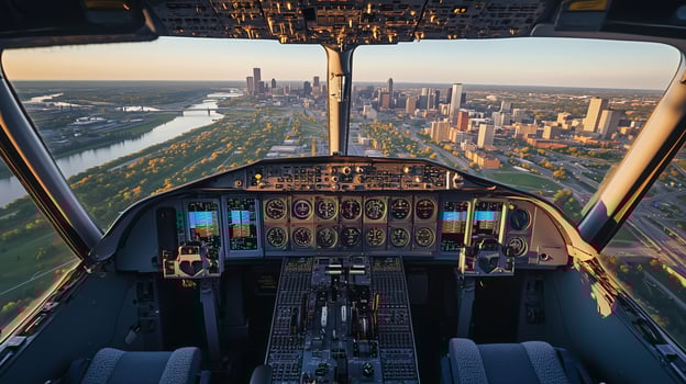 View from the cockpit of an aircraft flying over a cityscape at sunset, showcasing the skyline and rivers below photo
